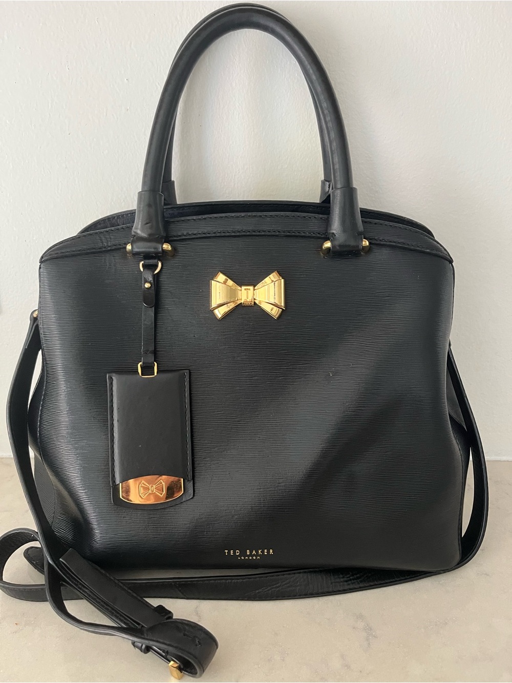 Ted Baker Black Leather Tote Satchel Handles Crossbody